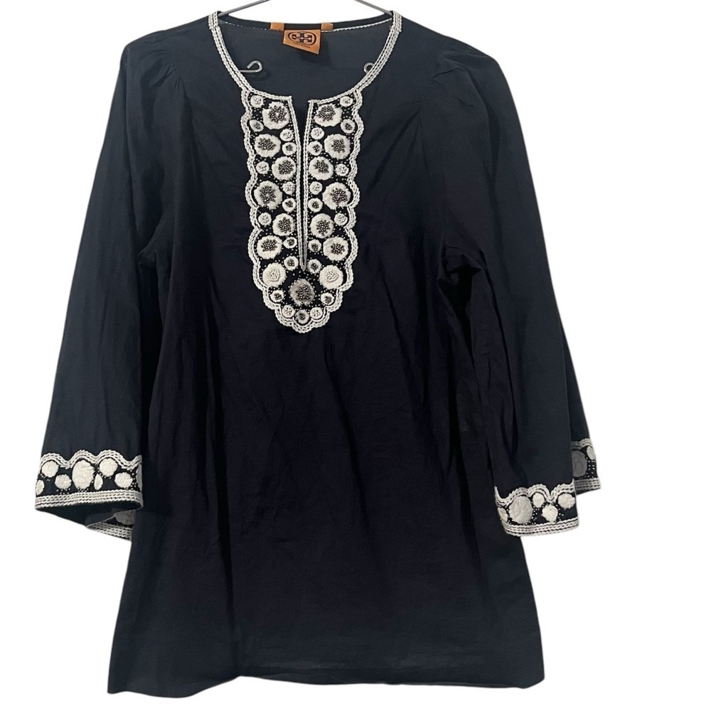 Tory Burch Semi-Sheer Embroidered Tunic Top in Navy Sz 2 Boho Chic Relaxed Fit